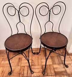 Pair Antique Ice Cream Parlor Cast Iron Chairs With Wood Bottoms