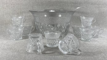 Vintage Pressed Glass Punch Bowl & Punch Cups, Plastic Ladle