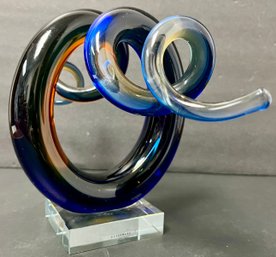 Art Glass Sculpture - Swirl Curl - Continuum - Blue Green Amber - 12 X 6 X 7 H - Keep Looking It - Fascinating