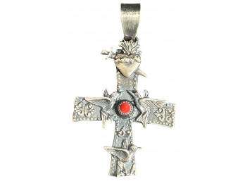 VTG Sterling Silver Oaxaca Mexican Artist Carlos Gutierrez Detailed Cross Pendant With Bale Signed 3' X 1.5'