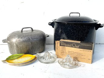 A Vintage Wagner Ware Magnalite Dutch Oven, Enamelware Stock Pot, And Much More!