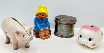 Vintage Cast Iron Piggy Bank, Paddington Figurine, Pottery Barn Silver Plate Bank & More