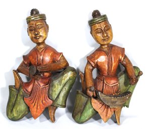 Pair Carved Painted Wood Asian Figures With Drums Wall Hangings