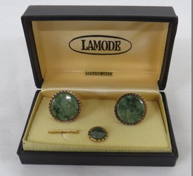 Vintage Lamode Gold Clad Cufflinks & Tie Tack With Green Jade Insets, Original Box