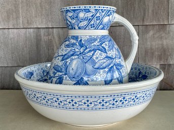 Antique  Wedgwood Blue & White Porcelain Wash Basin & Water Pitcher