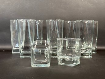 A Set Of Squared Glasses: 7 Tumblers & 2 Rocks