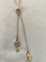 Mid Century Unmarked, Unchecked 'Lock & Key' Silver Necklace With Diamond Rhinestones
