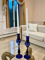 Stunning Pair Of Vintage Colalt Blue Murano/ Murano Style Candle Sticks