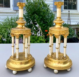 A Pair Of Gorgeous Ivory And Brass Regency Temple Candelabra