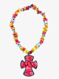 Betsey Johnson Style Silvertone & Pink Turquoise Cross Pendant Necklace