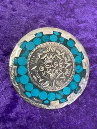Sterling And Turquoise Round Broach