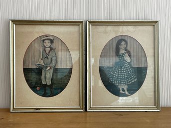 Mid Century Carol Blanchard Folk Art Boy And Girl Framed Wall Hanging Kid Room Art