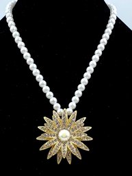 Faux Pearl W/ Large Faux Pearl & Rhinestone Floral Pendant