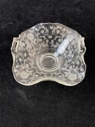 Cambridge Rose Point Clear Etched  Handled Dish