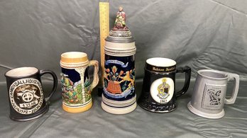 5 Beer Stein Mugs: Gerzit Gerz German Stein, Babson Institute, Josiah Chowning, Ceramic, Porcelain, Pewter