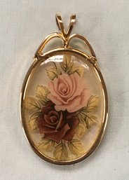 Vintage Unknown Gold With Reverse Glass Painted Roses Necklace Pendant