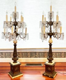 A Pair Of Ornate 1920's Painted Metal And Bronze Table Torchieres - Mantle Lamps Or Dining Console