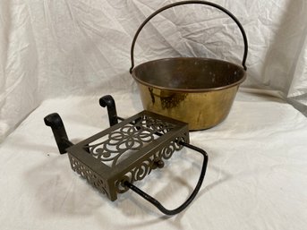 Iron And Brass Fireplace Trivet And Rolled Rim Brass Pot With Stationary Handle