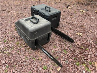 Two Chainsaws (Untested) With Black Plastic Chainsaw Carrying Cases