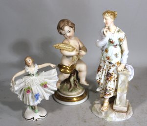 Lot Three Porcelain Figurines Cherub Neoclassical And Dresden Dancer