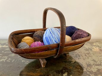 Antique Bentwood Small Basket With Colorful Balls Of Yarn