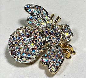 Gold Tone White Rhinestone Brooch Pin Of Bug