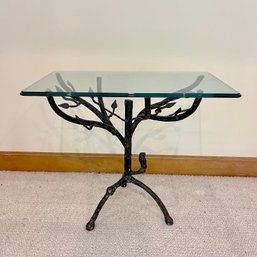 A  Diego Giacometti Style - Organic Tree And Owl - Iron - Accent Table - Glass Top