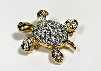 Gold Tone White Rhinestone Small Turtle Pin Brooch