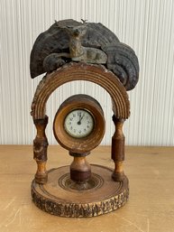 Vintage Rustic Wind Up Lodge Style Mantel Clock Tree Bark Mushrooms Deer