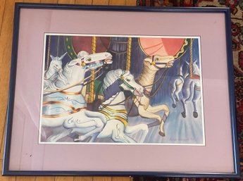 Framed Watercolor Of Carousel Horses Signed Lower Right