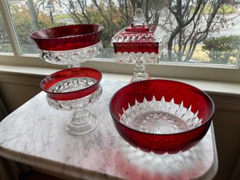 Four Vintage Ruby Crystal Glass Service Pieces.