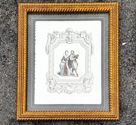 An Antique French Hand Colored Engraving, Under Museum Glass