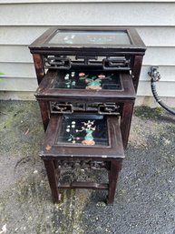 Trio Of Asian Nesting Tables With Carved Stone Design Under Glass