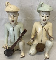 Large Vintage Carved Wood BURMESE MUSICIAN STATUES- 16' TALL