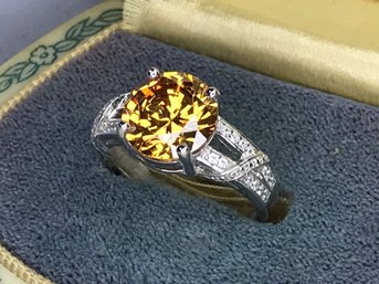 Fabulous Brand New - 925 / Sterling Silver Ring With Orange & Sparkling White Topaz - Very Pretty Setting