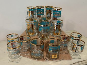 Vintage Libbey Southern Comfort Commemorative Riverboat Barware 22K Gold Glasses - Set Of 16