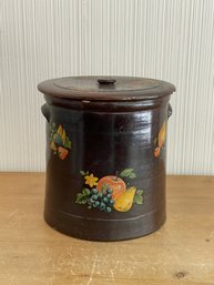 Brown Crock Stoneware Cookie Jar With Lid Hand Painted Vintage