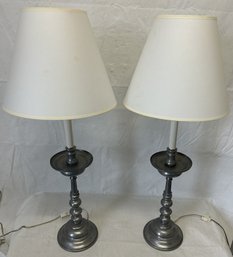 Matched Pair Of Vintage Pewter Candlestick Table Lamps With Shades- 31' Tall