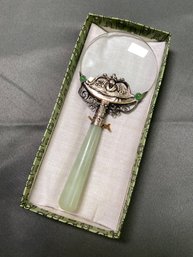 Vintage Magnifying Glass Mounted In Ornate Silver Metal With Jade Handle 5.5'