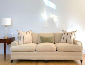 Upholstered Rolled Arm Natural Tone Linen Sofa With Bespoke Accent Pillows