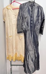 2 Vintage Dresses: Silk Robe By Miss America & White Cotton