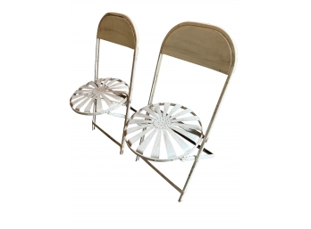 Pair Of White Vintage Art Deco Sunburst Metal Folding Garden Chairs