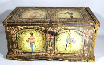 Antique Hand Painted Wood Table Top Chest Having French Style Figures