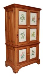 Pine Armoire With Hand Painted Floral Insert Panel Accents