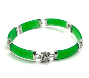 Beautiful Sterling Silver Asian Inspired Green Jade Color Linked Bracelet