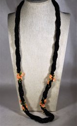 Black Onyx Coral And Jade Braided Beaded Necklace 30' Long