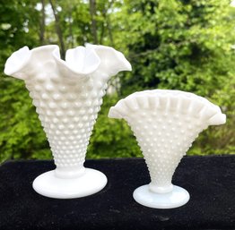 Two Vintage White Milk Glass Ruffled Edge Hobnail Vases