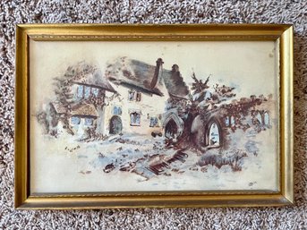 Country Cottage Custom Framed Watercolor, Signed & Dated 1902