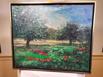 Original James Pascucci Oil On Board Painting - Red Flowers At Berry Hill $775 - SKU:93-7-1158 - Very Nice !