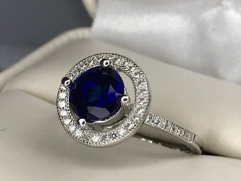 Wonderful Brand New Sterling Silver / 925 Ring With Sapphire Encircled And Channel Set White Zircons - Wow !